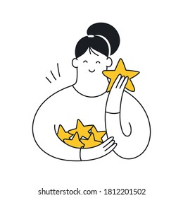 Cute girl holding stars in her hands. Rating, review, feedback icon. Customer review rating concept. Flat clean line vector illustration on white.	