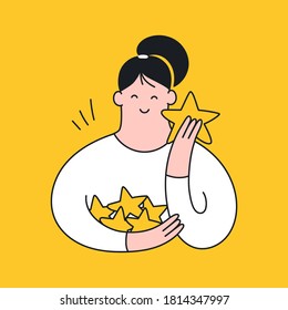 Cute girl holding stars in her hands. Rating, review, satisfaction, feedback icon. Customer review rating concept. Flat line vector illustration on white