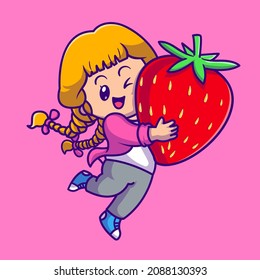 Cute Girl Holding Strawberry Cartoon Vector Icon Illustration. People Fruit Icon Concept Isolated Premium Vector. Flat Cartoon Style
