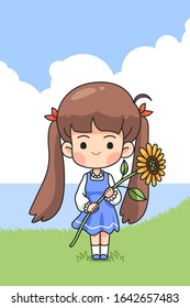 Cute girl holding sun flower on green field in spring time, kawaii cartoon in chibi style, vector illustration
