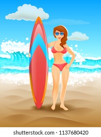 Cute girl holding a surfboard on a sunny beach. Seaside vacation and surfing. Vector illustration of the brown-haired woman wearing glasses. Sea waves and white clouds.