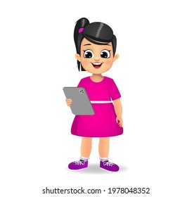 cute girl holding tablet vector