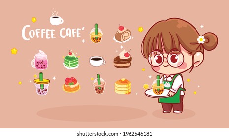 Cute girl holding tray and Bubble tea logo cartoon art illustration