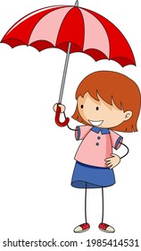 Cute girl holding umbrella doodle cartoon character isolated illustration