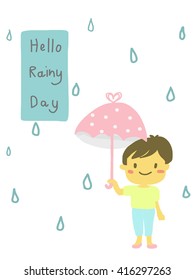 cute girl holding umbrella in a rainy day with "Hello Rainy DAy" text- vector, illustration