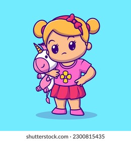 Cute Girl Holding Unicorn Doll Cartoon Vector Icon Illustration. People Animal Icon Concept Isolated Premium Vector. Flat Cartoon Style