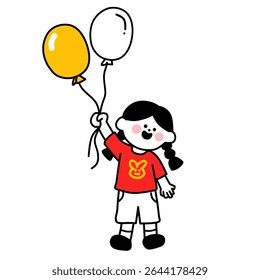 Cute girl holding yellow and white balloons, wearing a red shirt with a bunny icon. Perfect for children’s events, national celebration, or kids-themed designs.