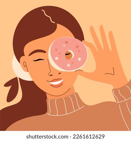 Cute girl holding yummy donut. Fat Thursday tradition. Vector cartoon flat illustration.