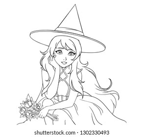 Cute girl holds bouquet. Beautiful witch isolated on white background. Hand drawn vector illustration. Can be used for coloring book, page, cards, children games etc. 