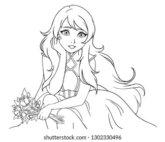 Cute girl holds bouquet. Beautiful priness isolated on white background. Hand drawn vector illustration. Can be used for coloring book, page, cards, children games etc. 