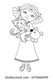 A cute girl holds a cat and a dog in her arms. vector contour image for coloring.