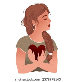 A cute girl holds a heart in her hands. Hand-drawn vector colorful illustration. Love and hope concept.
