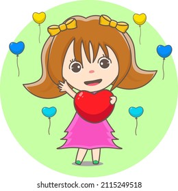  A cute girl holds heart icon wtih some ballons around her, illustration, vector