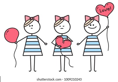 Cute girl holds heart shaped balloon . Holiday illustration. Girl makes heart from round balloon. Funny character girl. Illustration for Valentines Day.