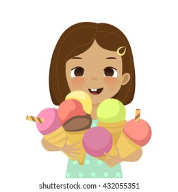 Cute girl holds ice cream cones. Fun happy kid with a lot of ice cream. Illustration of joyful child with ice cream in cartoon style isolated on white background.