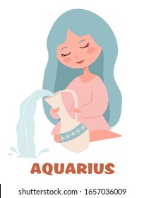 Cute girl holds a jug of water. Aquarius zodiac sign concept for horoscope. Beautiful vector illustration.
