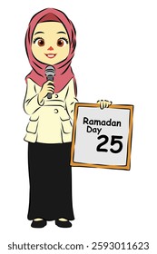 A cute girl holds a microphone with confidence, hosting a Ramadan event while holding a whiteboard displaying a Ramadan countdown.