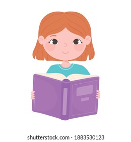 cute girl holds open book cartoon icon white background vector illustration