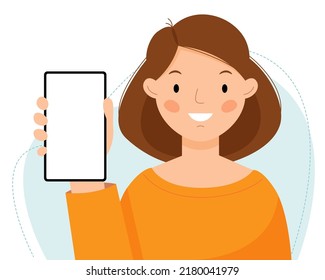 A cute girl holds a phone in her hands. The woman shows an empty phone and smiling. Vector flat illustration