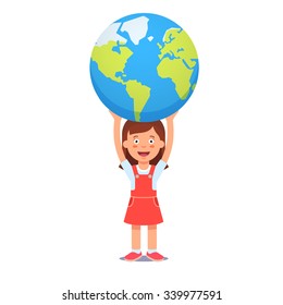 Cute girl holds planet earth over head. Youth holding future in their hands concept symbol. Flat style vector illustration isolated on white background.