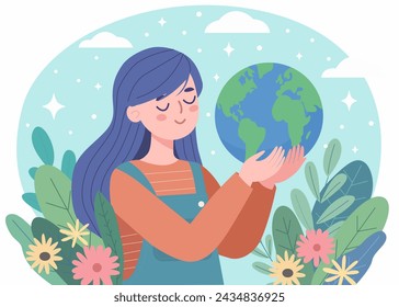 A cute girl holds a planet in her hands. Vector illustration for Earth Day and other environmental concepts. Template for postcard, poster, banner and web. Save the planet, cartoon flat style illustra