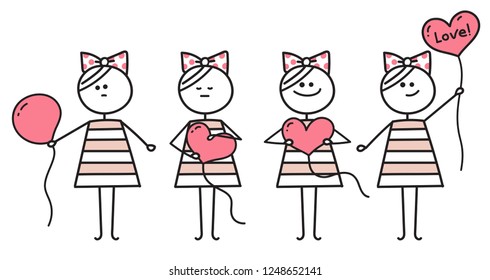 Cute girl holds red heart shaped balloon . Girl makes heart from round balloon. Illustration for Valentines Day. Girl with balloon. Girl with red heart. Funny character. Holiday cartoon
