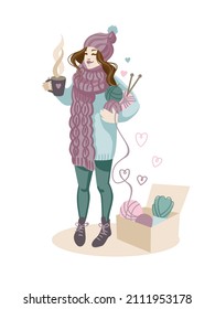 Cute girl holds skeins of yarn and a cup of coffee in her hands. At her feet is a gift box filled with yarn. I love knitting, crochet. Vector illustration.