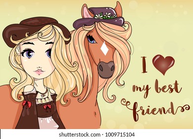 Cute girl and horse  I love my best friend text phrase  cartoon character hand drawn kids style  beautiful fashion girl vector illustration art