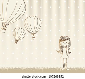 cute girl with hot air balloons, vintage.  vector illustration