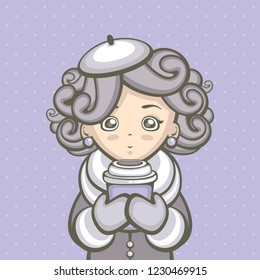 Cute girl with hot coffee vector illustration. Young woman with curly hair in warm clothes. Fashion cartoon character.