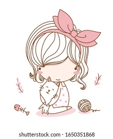 Cute girl hug cat, fashion girl, Young girl. Sweet girl. Character design. vector illustration for the t-shirt, print book, greeting card