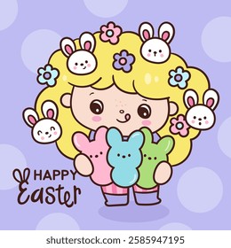 Cute girl hug easter peeps with rabbits. Kawaii animals Egg hunting (whimsical characters). Pet farm Spring activities holiday. Make a wish for baby t shirt fairy tale book, celebration party.