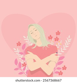 Cute girl hug herself. Selflove concept. Singles Awareness Day vector illustration