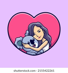 Cute Girl Hug Koala In Love Heart Cartoon Vector Icon Illustration. People Animal Icon Concept Isolated Premium Vector. Flat Cartoon Style