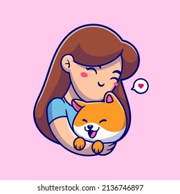 Cute Girl Hug Shiba Inu Dog Cartoon Vector Icon Illustration. Animal People Icon Concept Isolated Premium Vector. Flat Cartoon Style