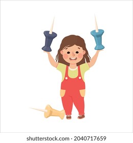 Cute Girl with Huge Drawing Pin as School Stationery Vector Illustration