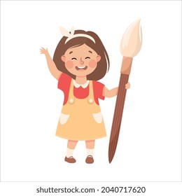 Cute Girl with Huge Paint Brush as School Stationery Vector Illustration