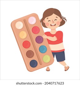 Cute Girl with Huge Watercolour Paints as School Stationery Vector Illustration