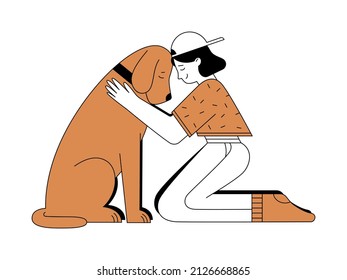 Cute girl hugging big dog. Animal shelter, adoption, pet lovers, friendship and caring concept. Vector illustration in linear style on white background