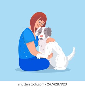 Süße Mädchen umarmt großen Hund. Tierheim, Adoption, Tierliebhaber, Freundschaft und Pflegekonzept. Vektorillustration