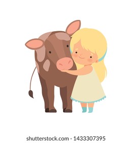 Cute Girl Hugging Calf, Kid Interacting with Animal in Contact Zoo Cartoon Vector Illustration