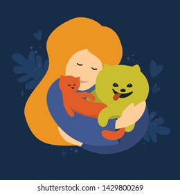 Cute girl hugging cat and dog. Vector illustration of  happy lovely pets. Design for dog sitter, walker, trainer, boarding, pet care, hostel, vet clinic. Picture about friendship for animal shelter.