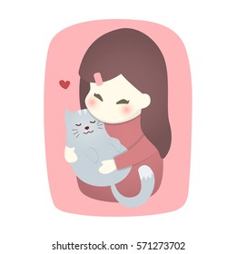 Cute girl hugging cat with love, Vector cartoon illustration.