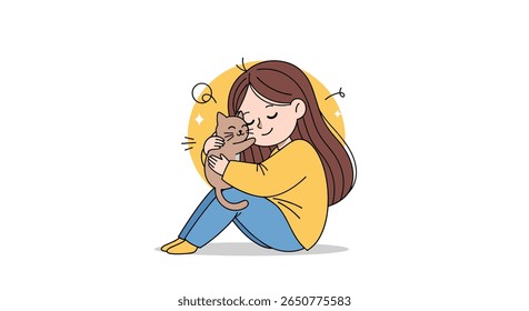 Menina bonito abraçando e abraçando adorável gatinho de estimação em seus braços com amor e carinho