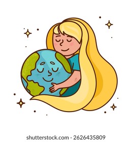 Cute Girl Hugging Earth Illustration for Environment and Love.Child girl with long hair hugging a smiling Earth, symbolizing love for the planet.Earth Day,environmental campaigns, eco friendly concept