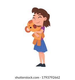 Cute Girl Hugging Favorite Soft Plush Toy Cartoon Vector Illustration on White Background