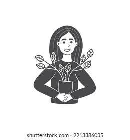 Cute girl hugging a flower pot. The drawing is made in black and white colors. Stock vector illustration isolated on white background in doodle style