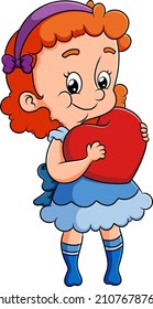 The cute girl is hugging a heart doll with the bright color of illustration