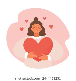 Cute girl hugging heart. Self care, love yourself icon or body positive concept. Vector illustration