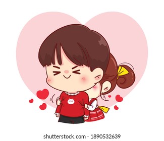 Cute girl hugging her boyfriend from behind Happy valentine cartoon character illustration Premium Vector